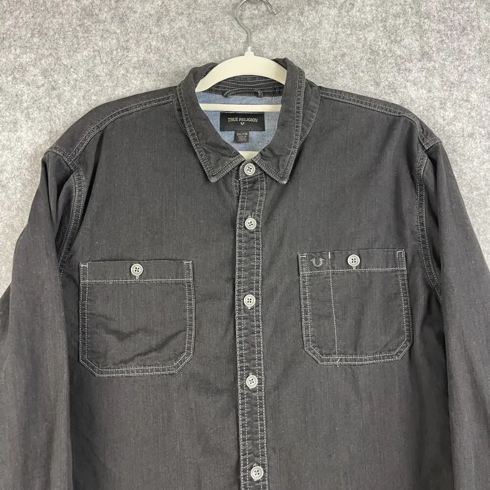 True Religion Heritage‎ Shirt Mens 2XL Black Button Up Long Sleeve Workwear